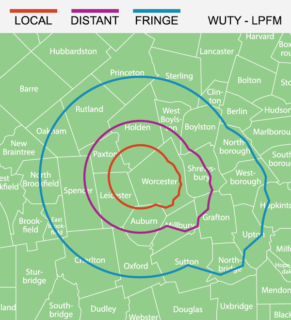Unity Radio WUTY 97.9 LPFM broadcast coverage map for the Worcester, Massachusetts area